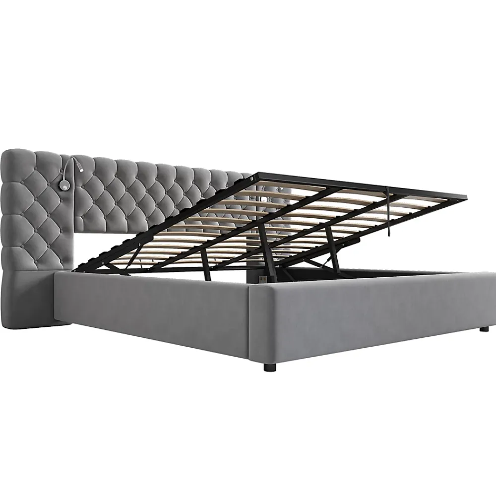 Redom Lit 180x200 cm avec rangement hydraulique, tête de lit capitonnée en velours gris et liseuse intégrée* Lit Avec Rangement