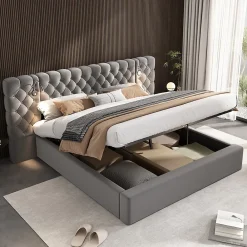 Redom Lit 180x200 cm avec rangement hydraulique, tête de lit capitonnée en velours gris et liseuse intégrée* Lit Avec Rangement