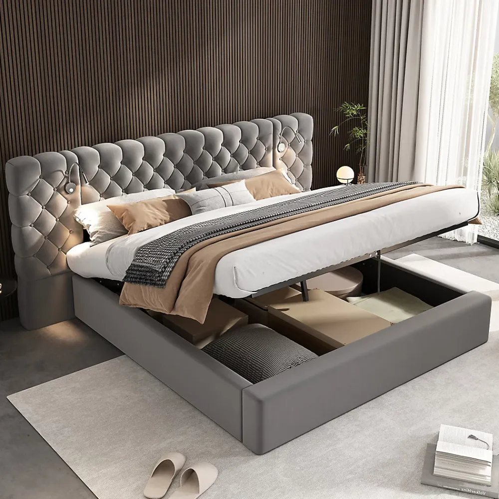 Redom Lit 180x200 cm avec rangement hydraulique, tête de lit capitonnée en velours gris et liseuse intégrée* Lit Avec Rangement