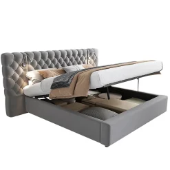 Redom Lit 180x200 cm avec rangement hydraulique, tête de lit capitonnée en velours gris et liseuse intégrée* Lit Avec Rangement