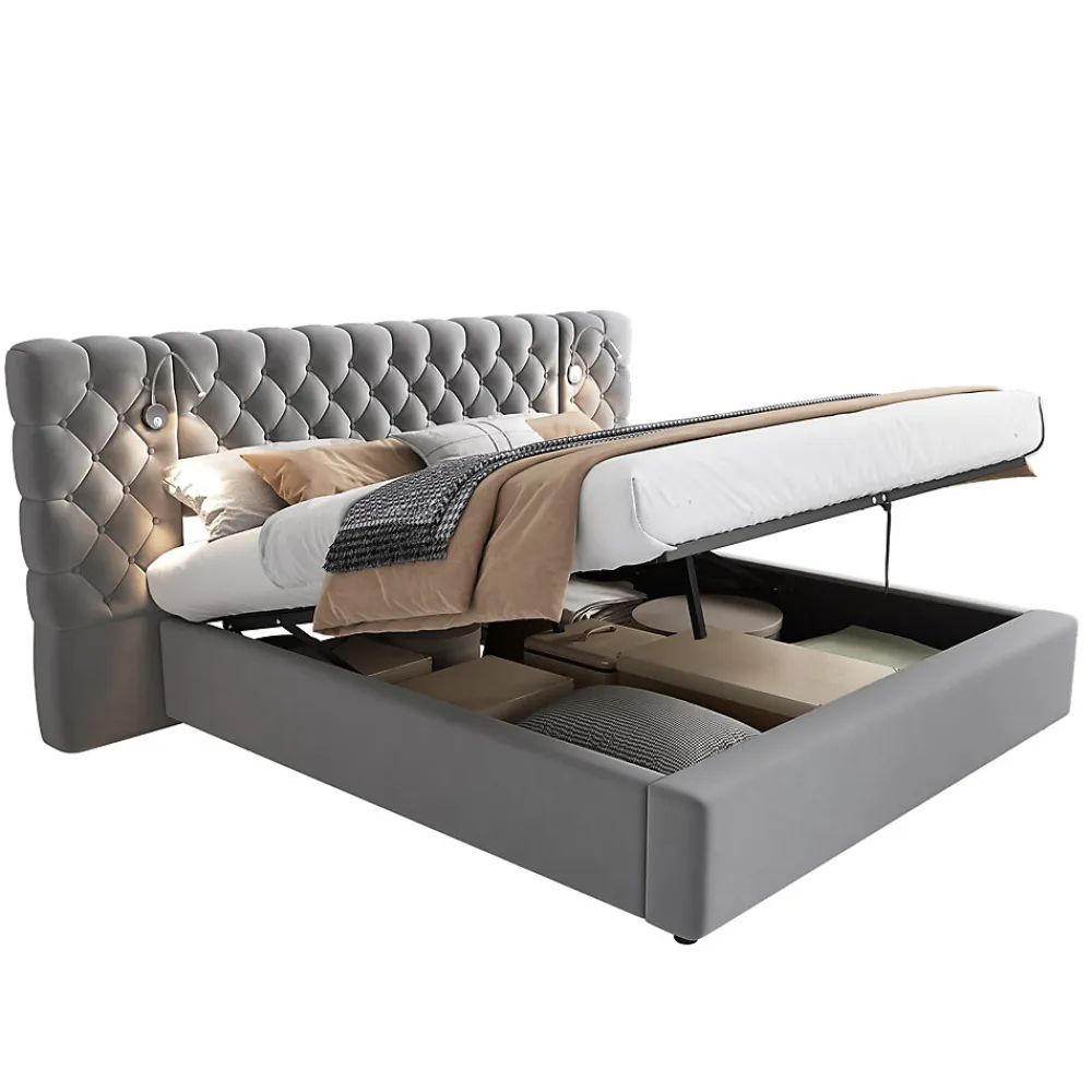 Redom Lit 180x200 cm avec rangement hydraulique, tête de lit capitonnée en velours gris et liseuse intégrée* Lit Avec Rangement