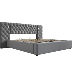 Redom Lit 180x200 cm avec rangement hydraulique, tête de lit capitonnée en velours gris et liseuse intégrée* Lit Avec Rangement