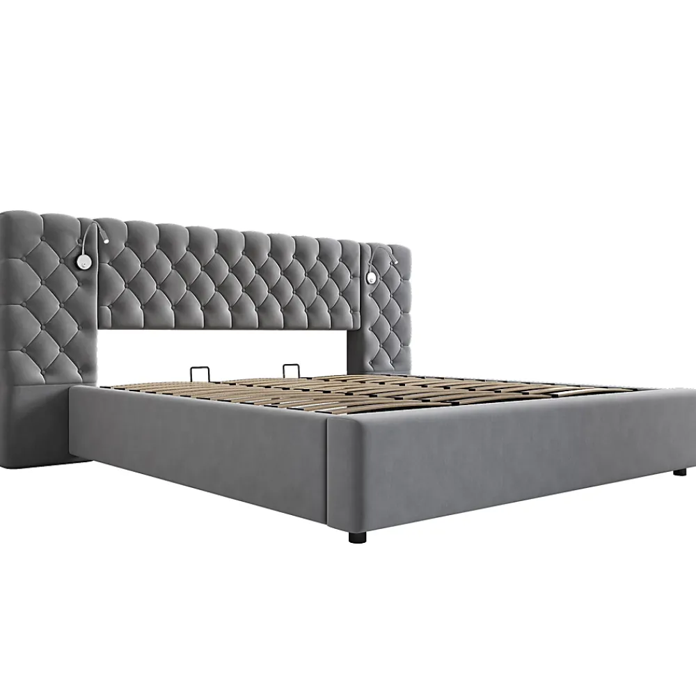 Redom Lit 180x200 cm avec rangement hydraulique, tête de lit capitonnée en velours gris et liseuse intégrée* Lit Avec Rangement