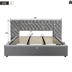 Redom Lit 180x200 cm avec rangement hydraulique, tête de lit capitonnée en velours gris et liseuse intégrée* Lit Avec Rangement