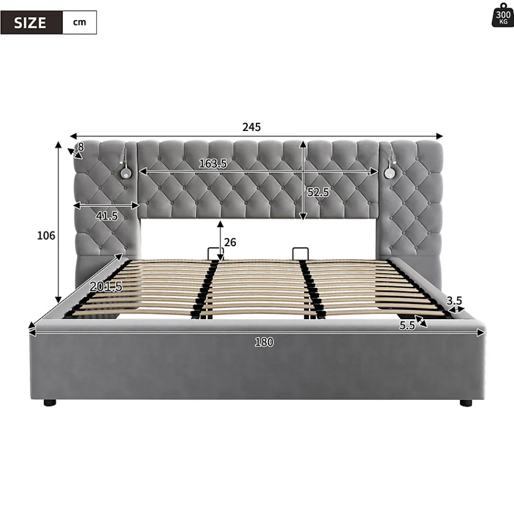 Redom Lit 180x200 cm avec rangement hydraulique, tête de lit capitonnée en velours gris et liseuse intégrée* Lit Avec Rangement