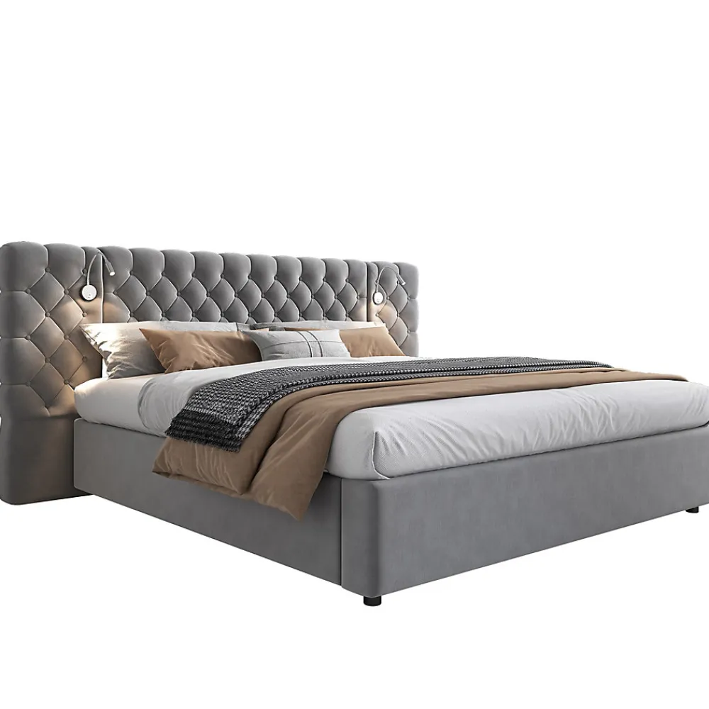 Redom Lit 180x200 cm avec rangement hydraulique, tête de lit capitonnée en velours gris et liseuse intégrée* Lit Avec Rangement