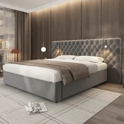 Redom Lit 180x200 cm avec rangement hydraulique, tête de lit capitonnée en velours gris et liseuse intégrée* Lit Avec Rangement