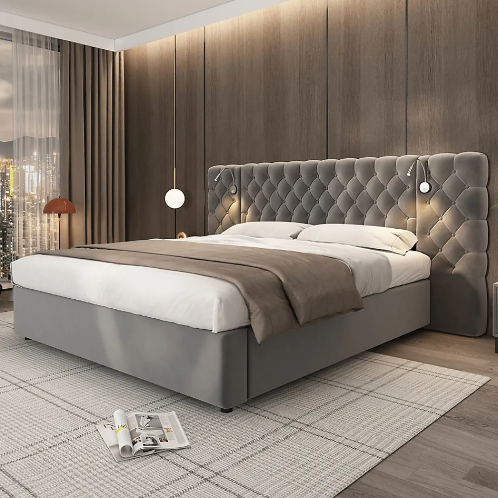 Redom Lit 180x200 cm avec rangement hydraulique, tête de lit capitonnée en velours gris et liseuse intégrée* Lit Avec Rangement