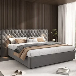 Redom Lit 180x200 cm avec rangement hydraulique, tête de lit capitonnée en velours gris et liseuse intégrée* Lit Avec Rangement