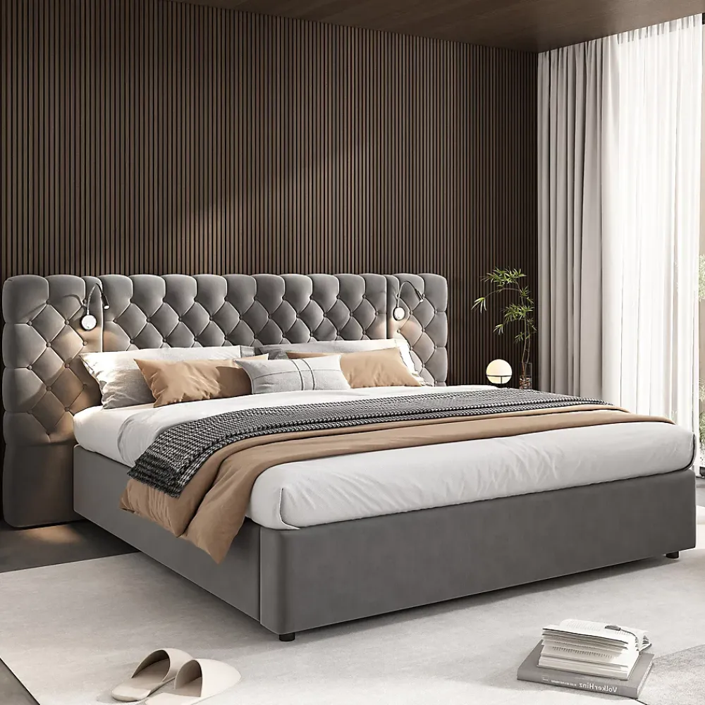 Redom Lit 180x200 cm avec rangement hydraulique, tête de lit capitonnée en velours gris et liseuse intégrée* Lit Avec Rangement
