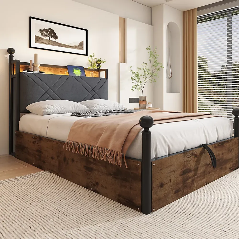 Redom Lit 90x190 cm avec rangement hydraulique, cadre métal noir, éclairage LED intégré et ports USB/Type-C* Lit Avec Rangement