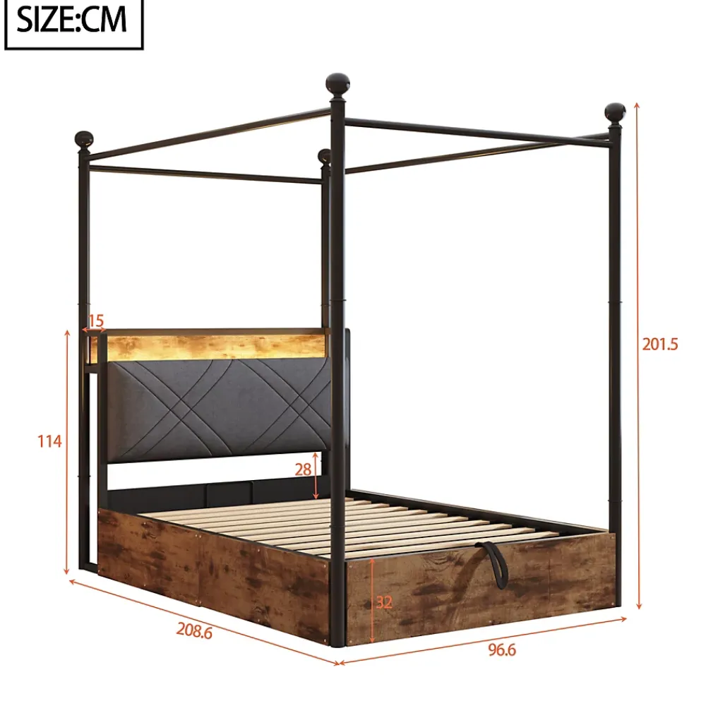 Redom Lit 90x190 cm avec rangement hydraulique, cadre métal noir, éclairage LED intégré et ports USB/Type-C* Lit Avec Rangement