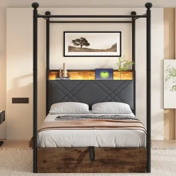 Redom Lit 90x190 cm avec rangement hydraulique, cadre métal noir, éclairage LED intégré et ports USB/Type-C* Lit Avec Rangement