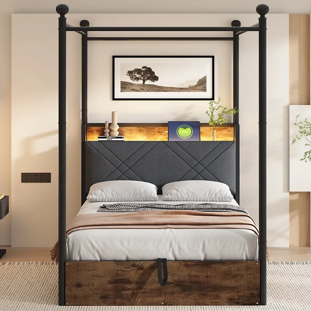 Redom Lit 90x190 cm avec rangement hydraulique, cadre métal noir, éclairage LED intégré et ports USB/Type-C* Lit Avec Rangement