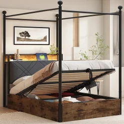 Redom Lit 90x190 cm avec rangement hydraulique, cadre métal noir, éclairage LED intégré et ports USB/Type-C* Lit Avec Rangement