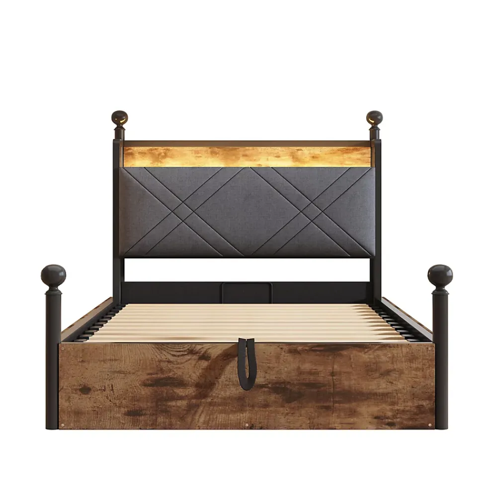 Redom Lit 90x190 cm avec rangement hydraulique, cadre métal noir, éclairage LED intégré et ports USB/Type-C* Lit Avec Rangement