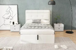 Redom Lit 90x200 cm avec rangement hydraulique et tête de lit capitonnée en PU blanc, cadre moderne et pratique* Lit Avec Rangement