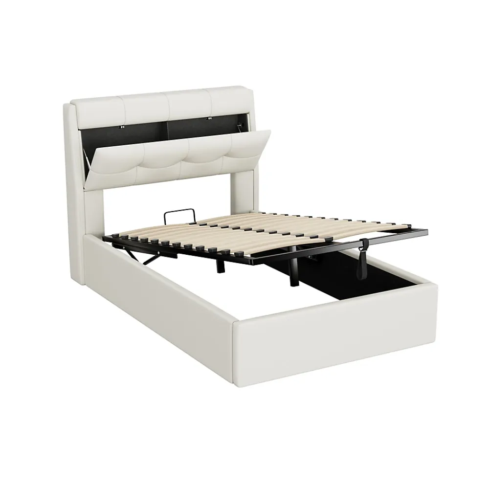 Redom Lit 90x200 cm avec rangement hydraulique et tête de lit capitonnée en PU blanc, cadre moderne et pratique* Lit Avec Rangement