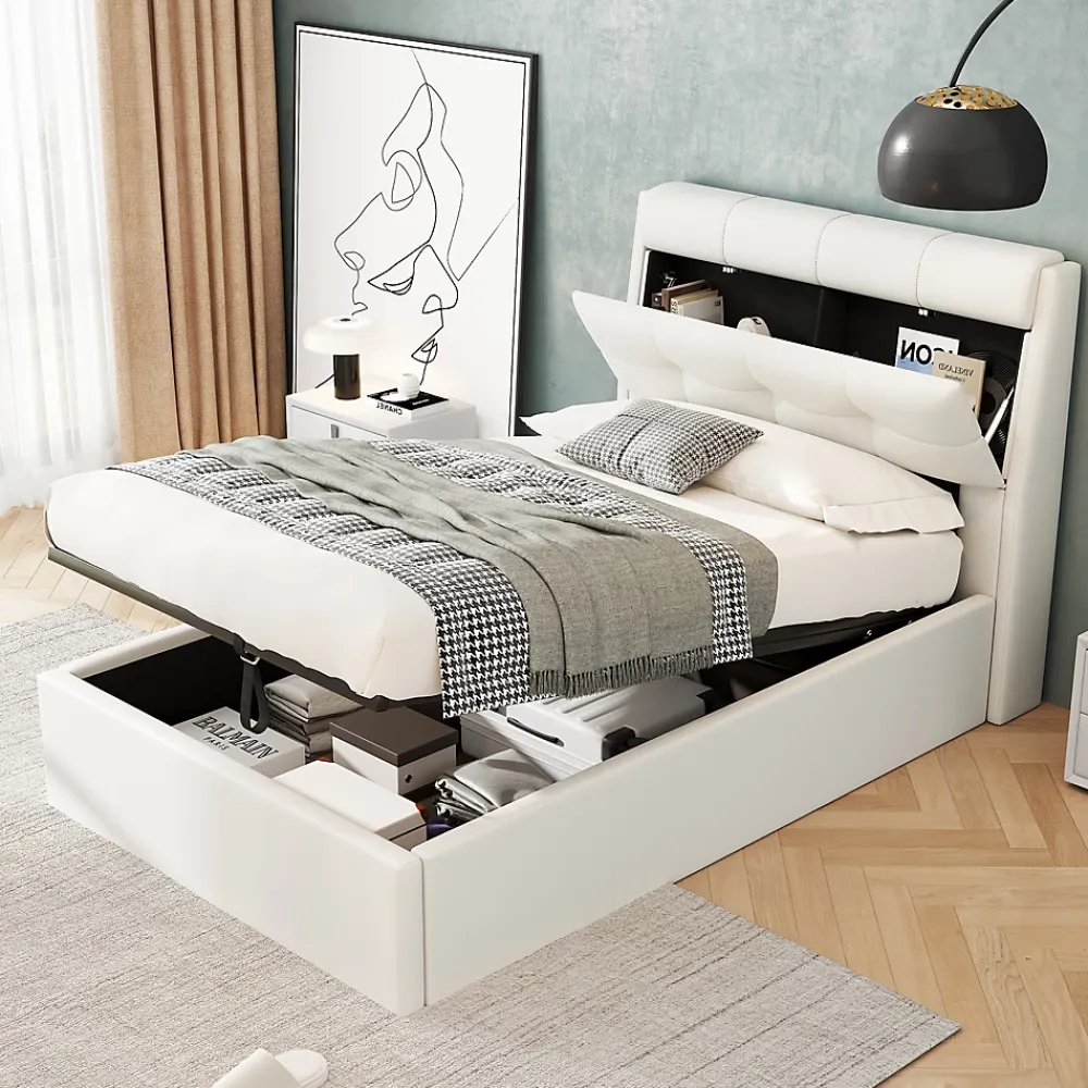 Redom Lit 90x200 cm avec rangement hydraulique et tête de lit capitonnée en PU blanc, cadre moderne et pratique* Lit Avec Rangement