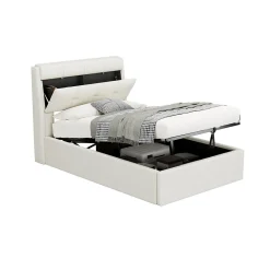 Redom Lit 90x200 cm avec rangement hydraulique et tête de lit capitonnée en PU blanc, cadre moderne et pratique* Lit Avec Rangement