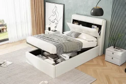 Redom Lit 90x200 cm avec rangement hydraulique et tête de lit capitonnée en PU blanc, cadre moderne et pratique* Lit Avec Rangement