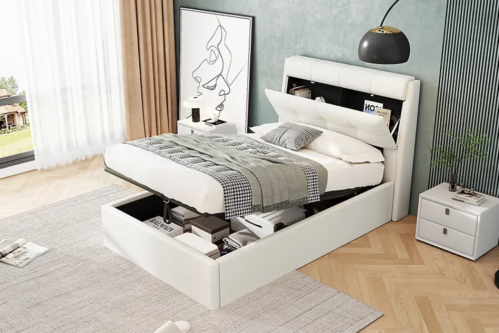 Redom Lit 90x200 cm avec rangement hydraulique et tête de lit capitonnée en PU blanc, cadre moderne et pratique* Lit Avec Rangement