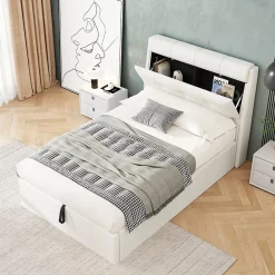 Redom Lit 90x200 cm avec rangement hydraulique et tête de lit capitonnée en PU blanc, cadre moderne et pratique* Lit Avec Rangement