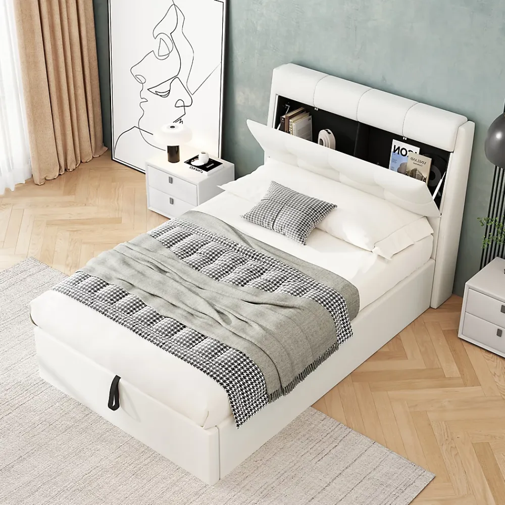 Redom Lit 90x200 cm avec rangement hydraulique et tête de lit capitonnée en PU blanc, cadre moderne et pratique* Lit Avec Rangement