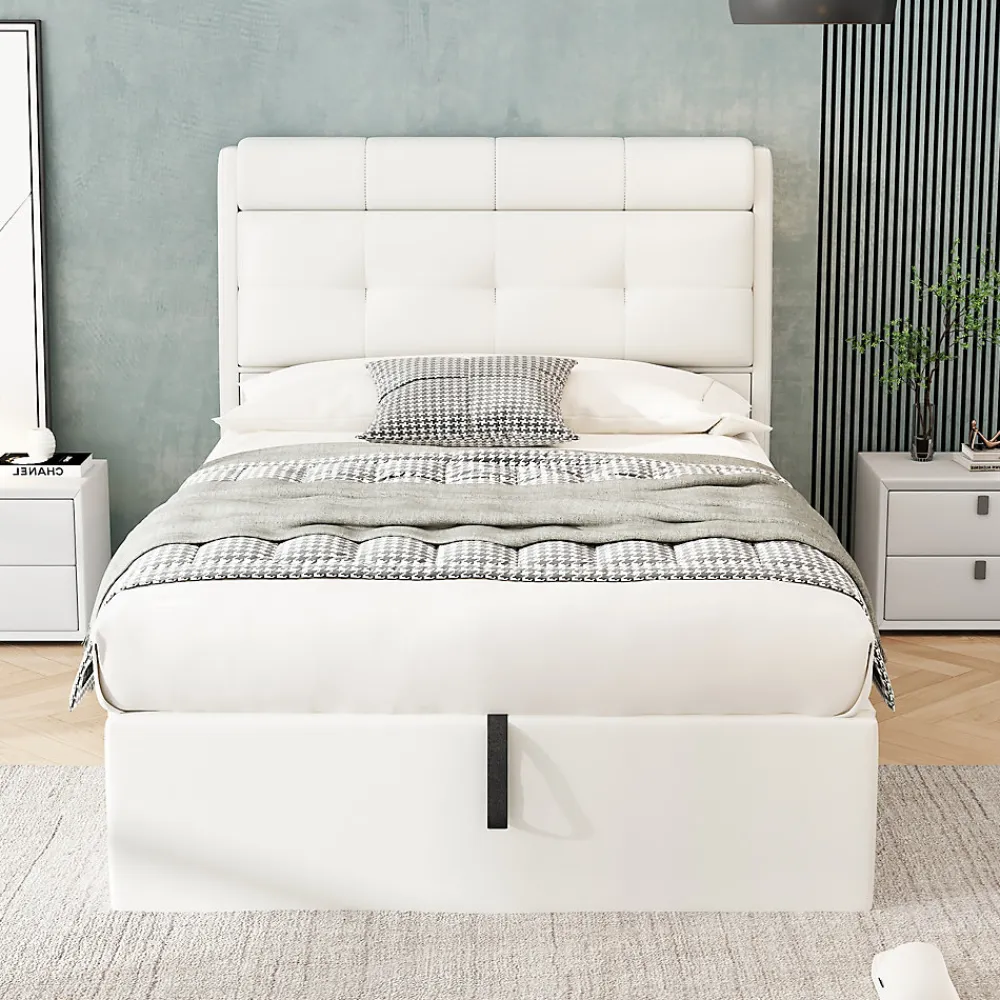 Redom Lit 90x200 cm avec rangement hydraulique et tête de lit capitonnée en PU blanc, cadre moderne et pratique* Lit Avec Rangement