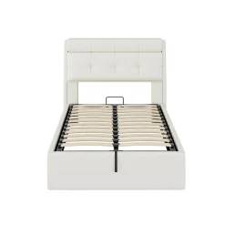 Redom Lit 90x200 cm avec rangement hydraulique et tête de lit capitonnée en PU blanc, cadre moderne et pratique* Lit Avec Rangement