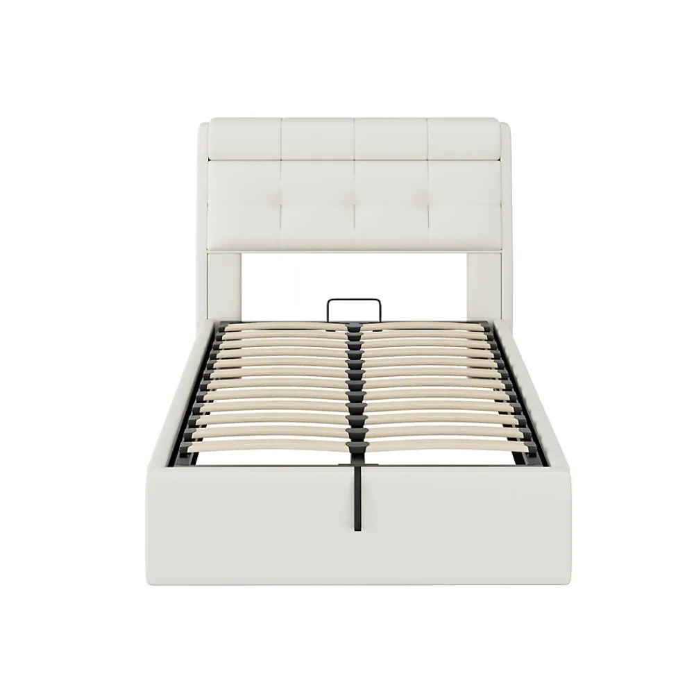Redom Lit 90x200 cm avec rangement hydraulique et tête de lit capitonnée en PU blanc, cadre moderne et pratique* Lit Avec Rangement