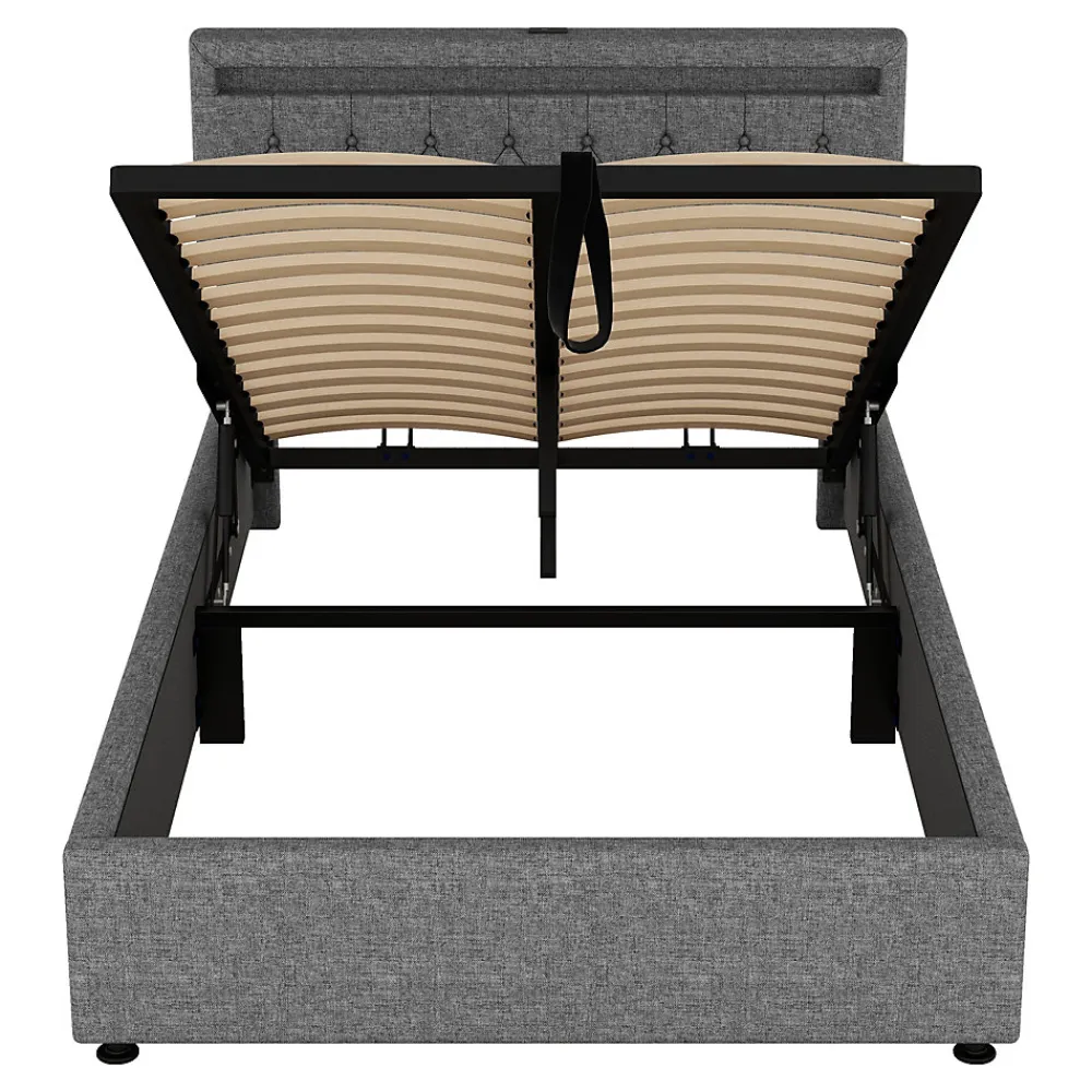 Redom Lit 140x200 cm avec rangement hydraulique, tête rembourrée en lin gris, éclairage LED et ports USB/USB-C* Lit Avec Rangement