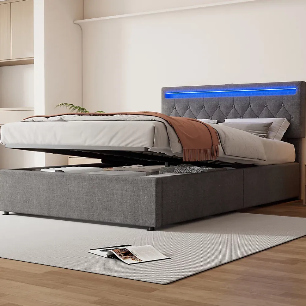 Redom Lit 140x200 cm avec rangement hydraulique, tête rembourrée en lin gris, éclairage LED et ports USB/USB-C* Lit Avec Rangement