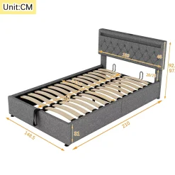 Redom Lit 140x200 cm avec rangement hydraulique, tête rembourrée en lin gris, éclairage LED et ports USB/USB-C* Lit Avec Rangement