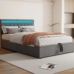 Redom Lit 140x200 cm avec rangement hydraulique, tête rembourrée en lin gris, éclairage LED et ports USB/USB-C* Lit Avec Rangement