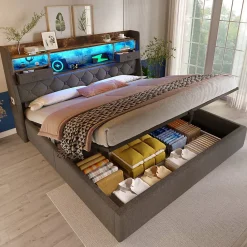 Redom Lit 140x200 cm avec rangement hydraulique, tête de lit LED multicolore, ports de charge et tissu lin gris* Lit Avec Rangement
