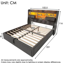 Redom Lit 140x200 cm avec rangement hydraulique, tête de lit LED multicolore, ports de charge et tissu lin gris* Lit Avec Rangement