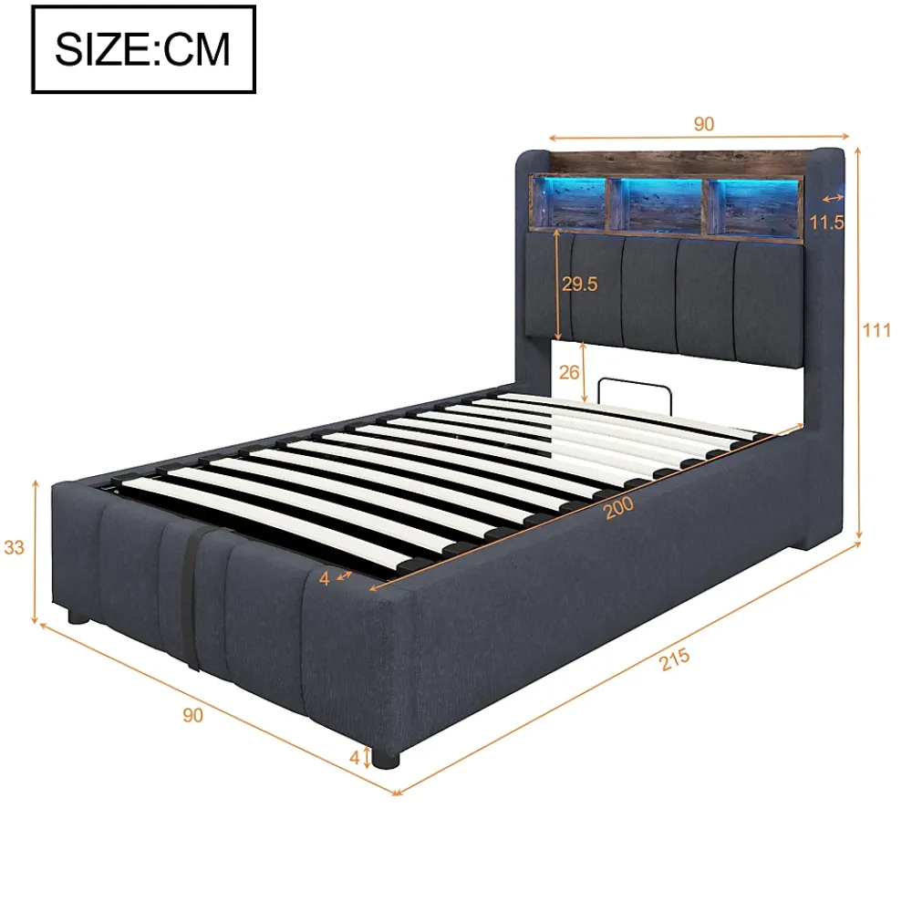 Redom Lit 90x200 cm avec rangement hydraulique et éclairage led, tapissé lin gris, cadre métal robuste* Lit Avec Rangement