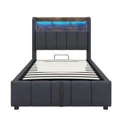 Redom Lit 90x200 cm avec rangement hydraulique et éclairage led, tapissé lin gris, cadre métal robuste* Lit Avec Rangement