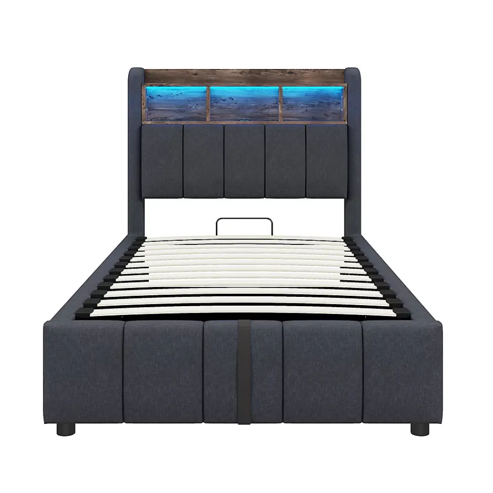 Redom Lit 90x200 cm avec rangement hydraulique et éclairage led, tapissé lin gris, cadre métal robuste* Lit Avec Rangement