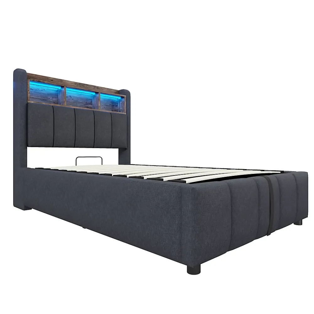 Redom Lit 90x200 cm avec rangement hydraulique et éclairage led, tapissé lin gris, cadre métal robuste* Lit Avec Rangement
