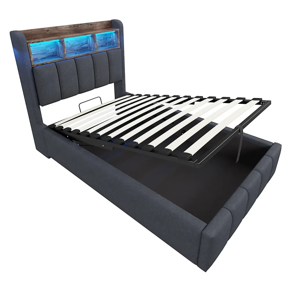 Redom Lit 90x200 cm avec rangement hydraulique et éclairage led, tapissé lin gris, cadre métal robuste* Lit Avec Rangement