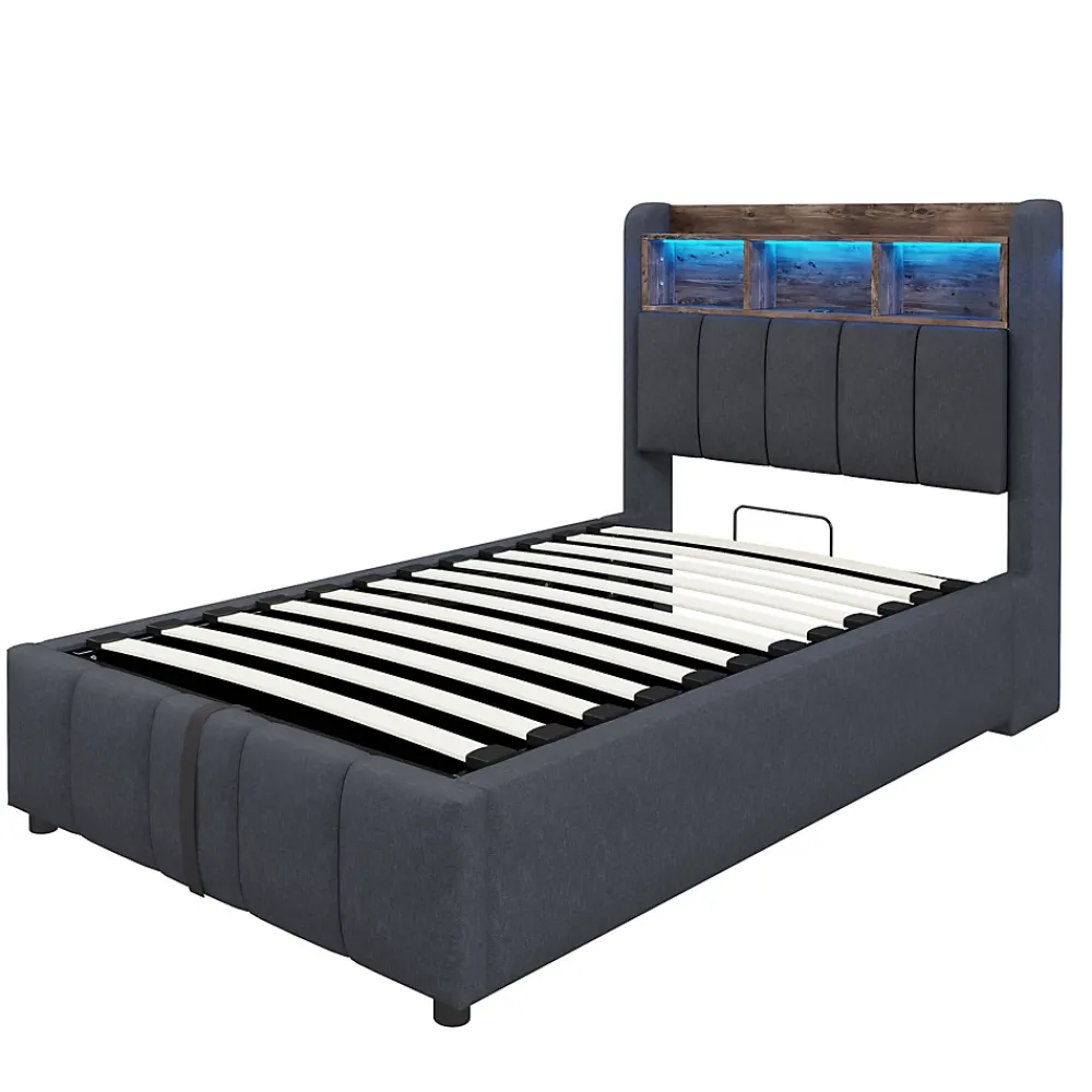 Redom Lit 90x200 cm avec rangement hydraulique et éclairage led, tapissé lin gris, cadre métal robuste* Lit Avec Rangement