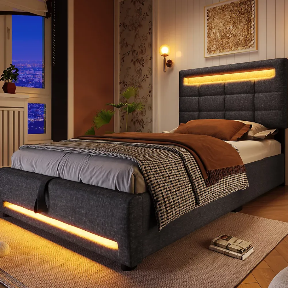 Redom Lit 90x200 cm avec rangement hydraulique et éclairage LED 16 couleurs, tapissé lin gris, tête de lit carrée* Lit Avec Rangement