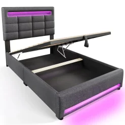 Redom Lit 90x200 cm avec rangement hydraulique et éclairage LED 16 couleurs, tapissé lin gris, tête de lit carrée* Lit Avec Rangement