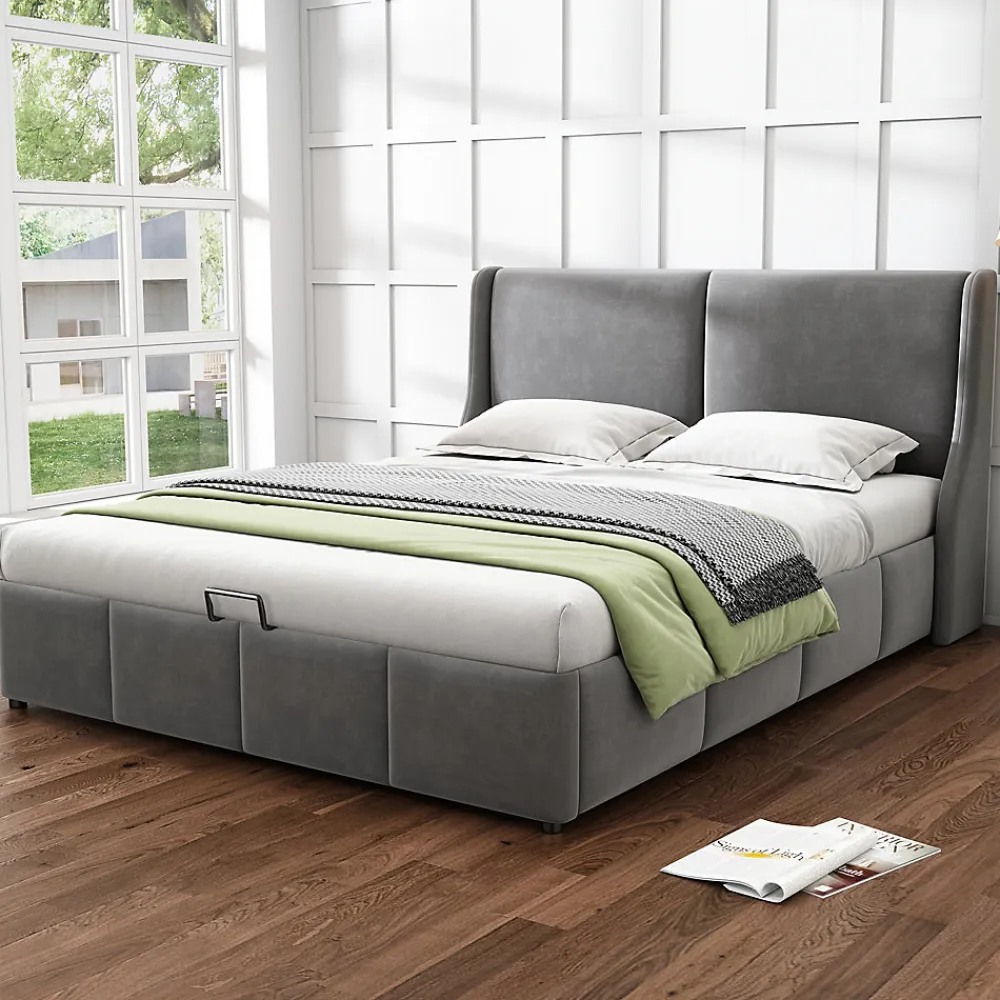 Lit 160x200 cm avec rangement hydraulique et tête de lit capitonnée en velours gris, design classique-moderne>Redom Outlet