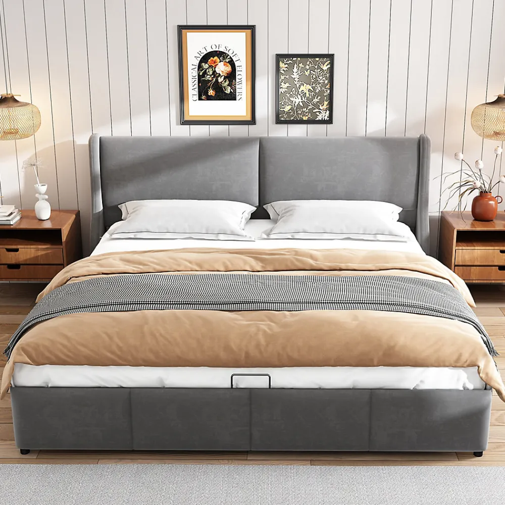 Lit 160x200 cm avec rangement hydraulique et tête de lit capitonnée en velours gris, design classique-moderne>Redom Outlet