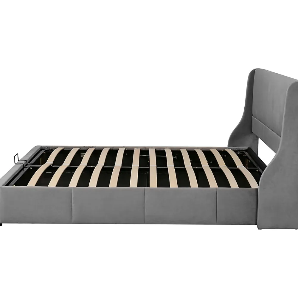 Lit 160x200 cm avec rangement hydraulique et tête de lit capitonnée en velours gris, design classique-moderne>Redom Outlet
