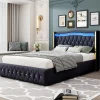Lit 140x200 cm avec rangement hydraulique, tête capitonnée en velours noir, éclairage LED et pieds larges>Redom Sale