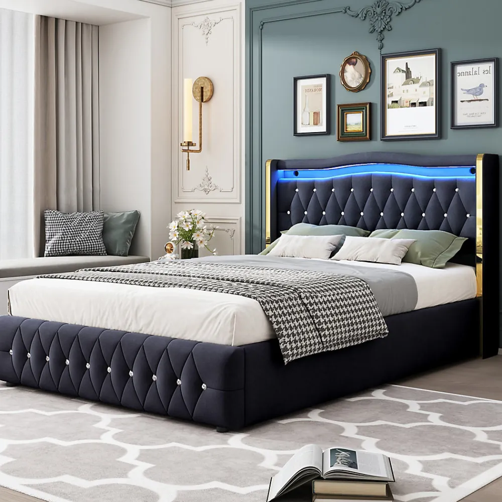 Lit 140x200 cm avec rangement hydraulique, tête capitonnée en velours noir, éclairage LED et pieds larges>Redom Sale